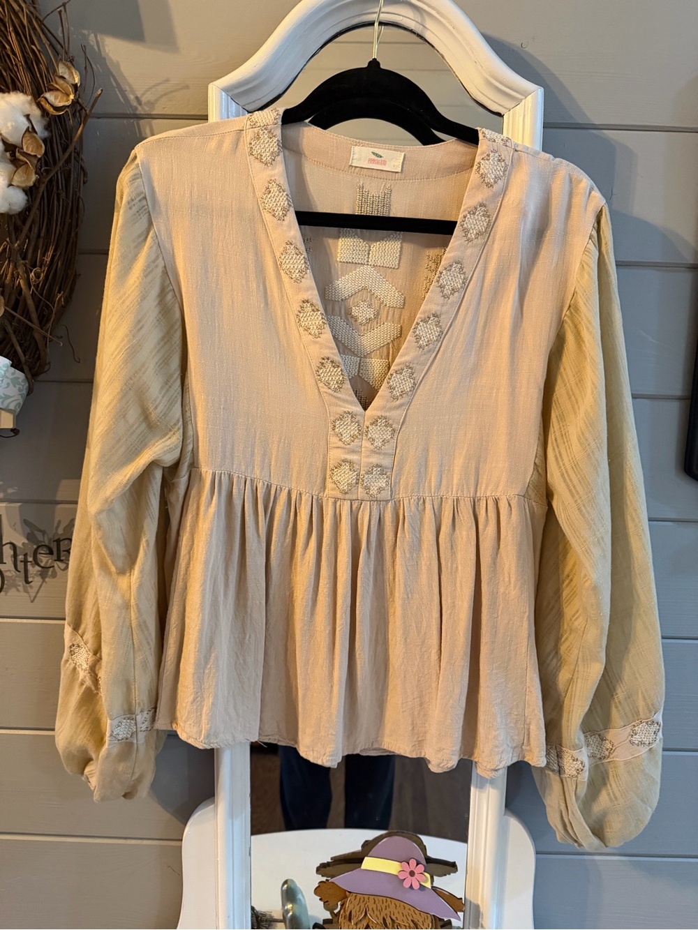 Hummingbird Beige Embroidered V-Neck Peasant Tunic